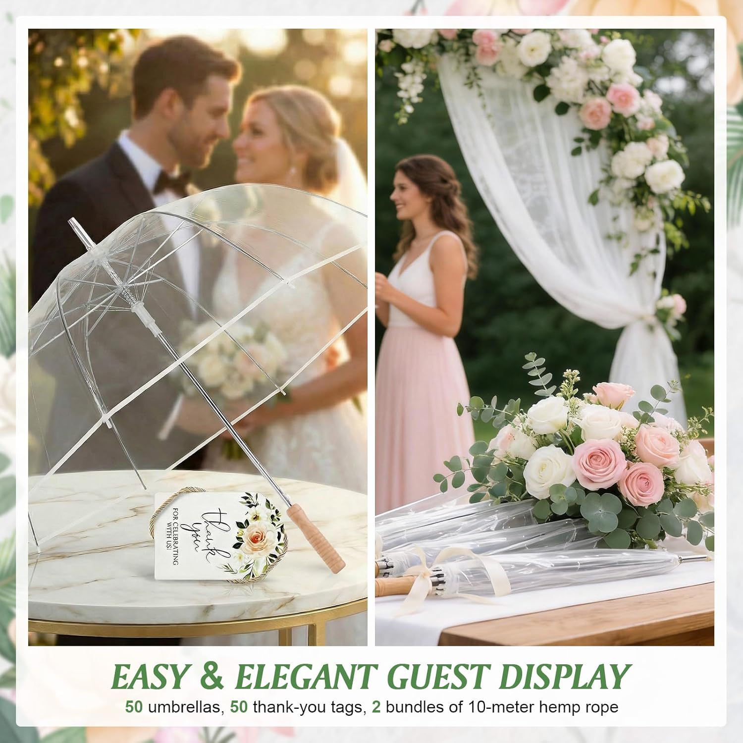50Pcs Bulk Clear Wedding Umbrellas with Wooden Handle, Large Canopy Stick Umbrellas with Thank You Tags & Rope for Bride Groom Bridal Shower Party Favors