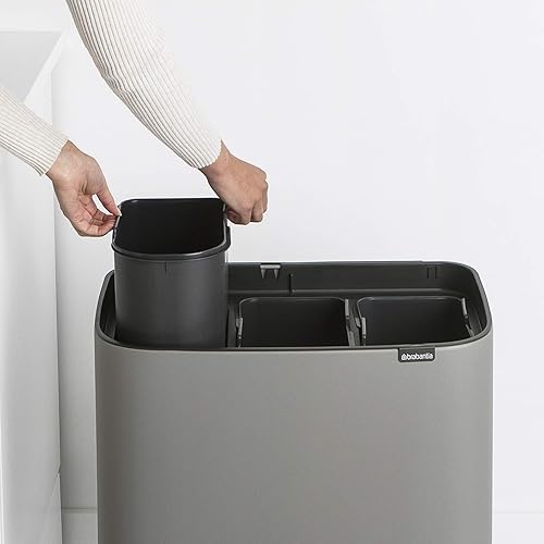 Miniatura 6 de Brabantia Bo - Cubo de basura de 3 cubos interiores de 3 galones (gris concreto mineral) cubo de basura para reciclaje, compartimentos extraíbles +