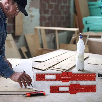 3pcs Pocket Ruler Aluminum Woodworking Ruler Marking Ruler, Precision Multi Function Sliding T-Square Woodworking Scribing Measure Tool with Metric/Inch Measurements 300mm (Red)