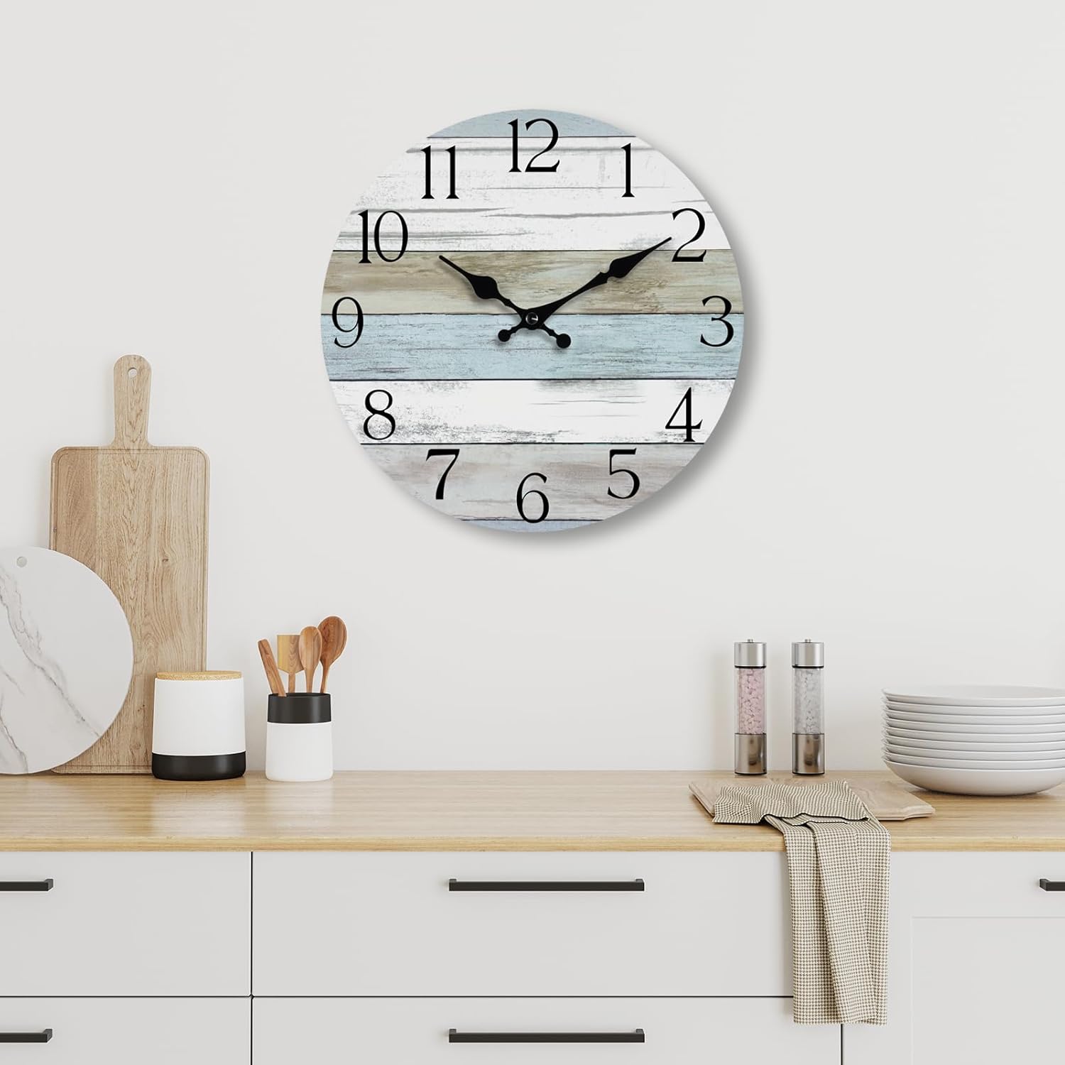 HYLANDA Wall Clock, 14 Inch Wall Clocks Battery Operated Silent Non Ticking, Large Wooden Clocks Decorative for Kitchen, Bathroom, Bedroom, Living Room Blue White