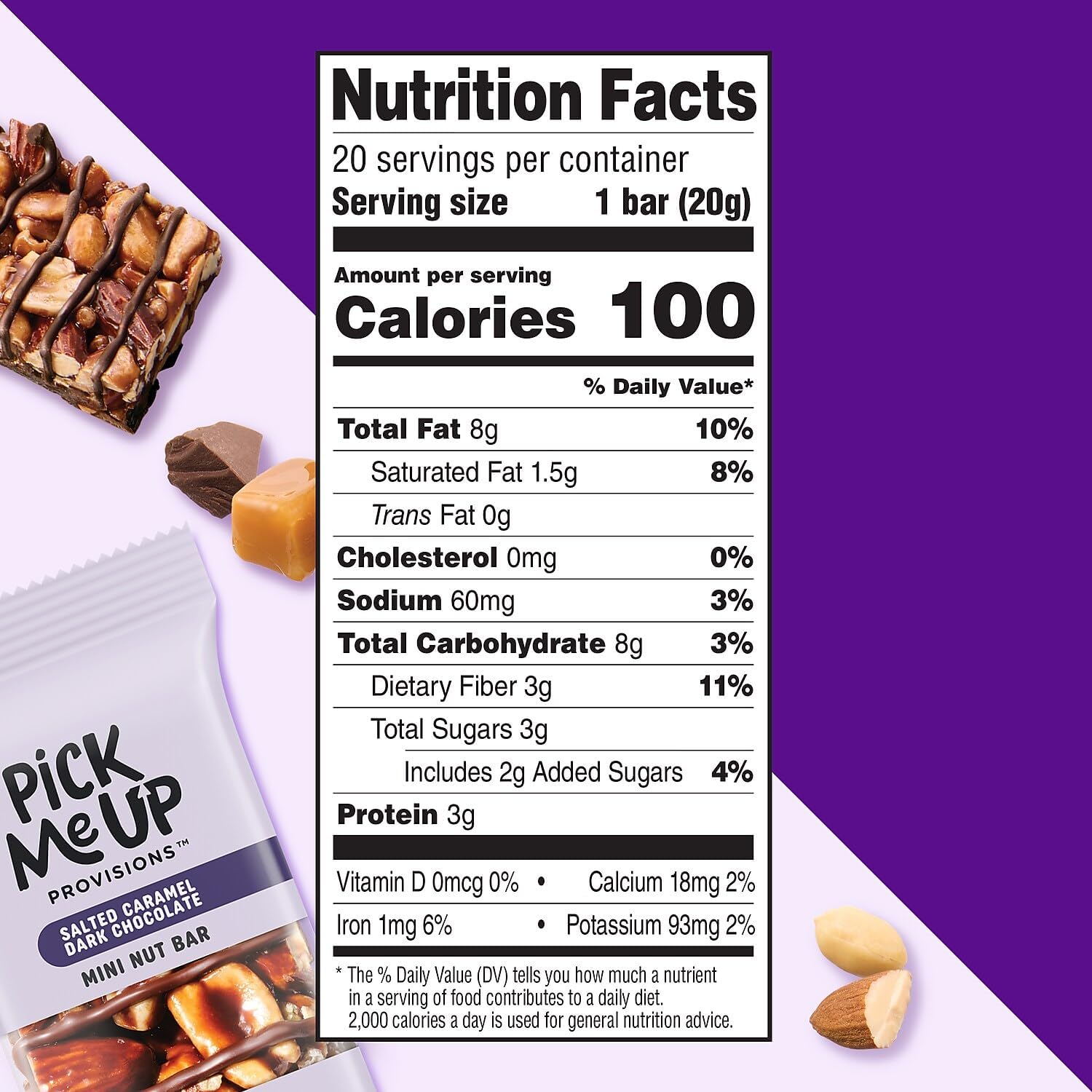 Pick Me Up Provisions Mini Gluten Free Salted Caramel Dark Chocolate Nut Bar, 20 Bars, Perfect for Lunches, Protein Snack