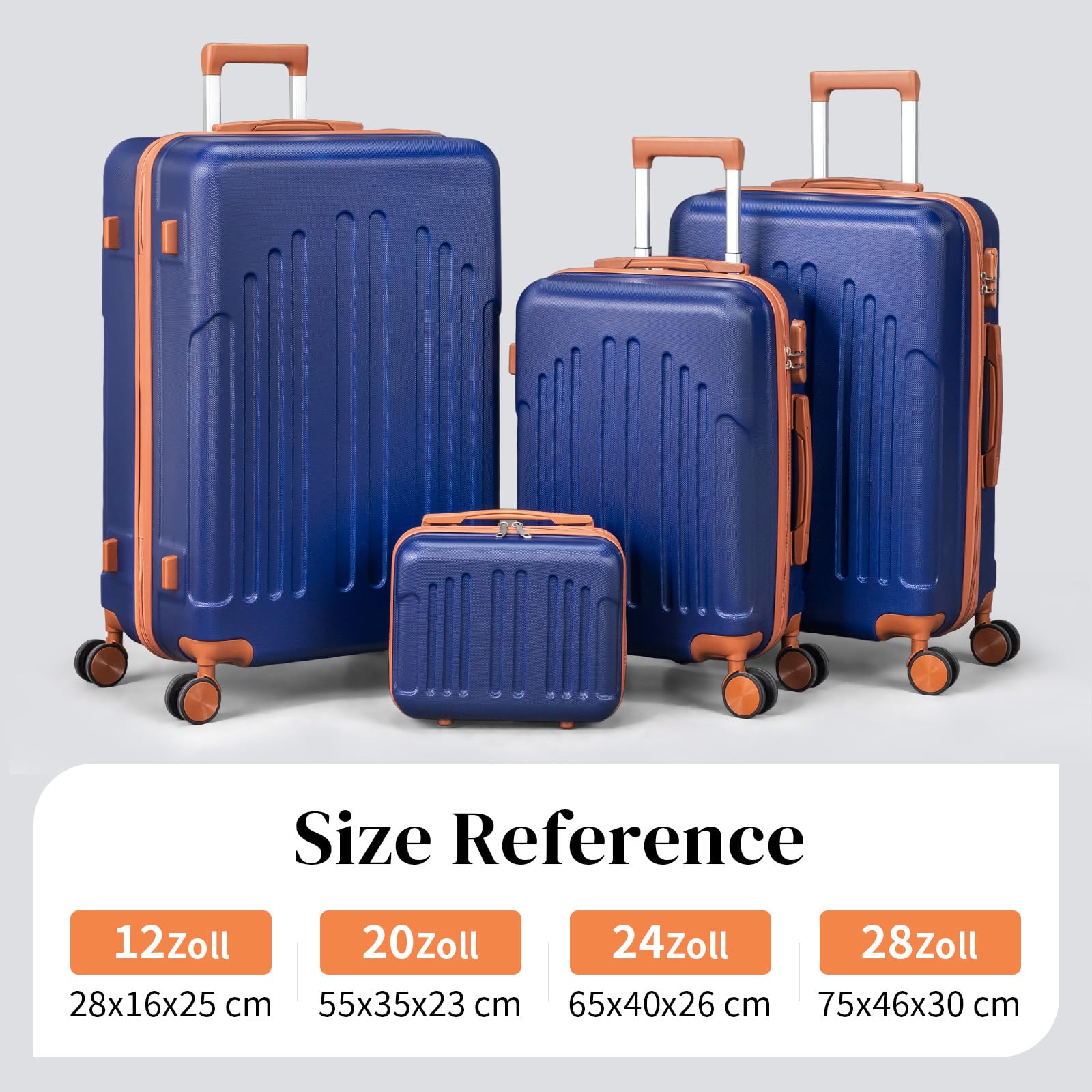 LEADZM Koffer Set 4 teilig Hartschale mit Kosmetikkoffer, Kofferset aus ABS, Reisekoffer mit Rollen Groß, Handgepäck, Hartschalenkoffer Set, Koffer & Trolleys (Navy-Braun)