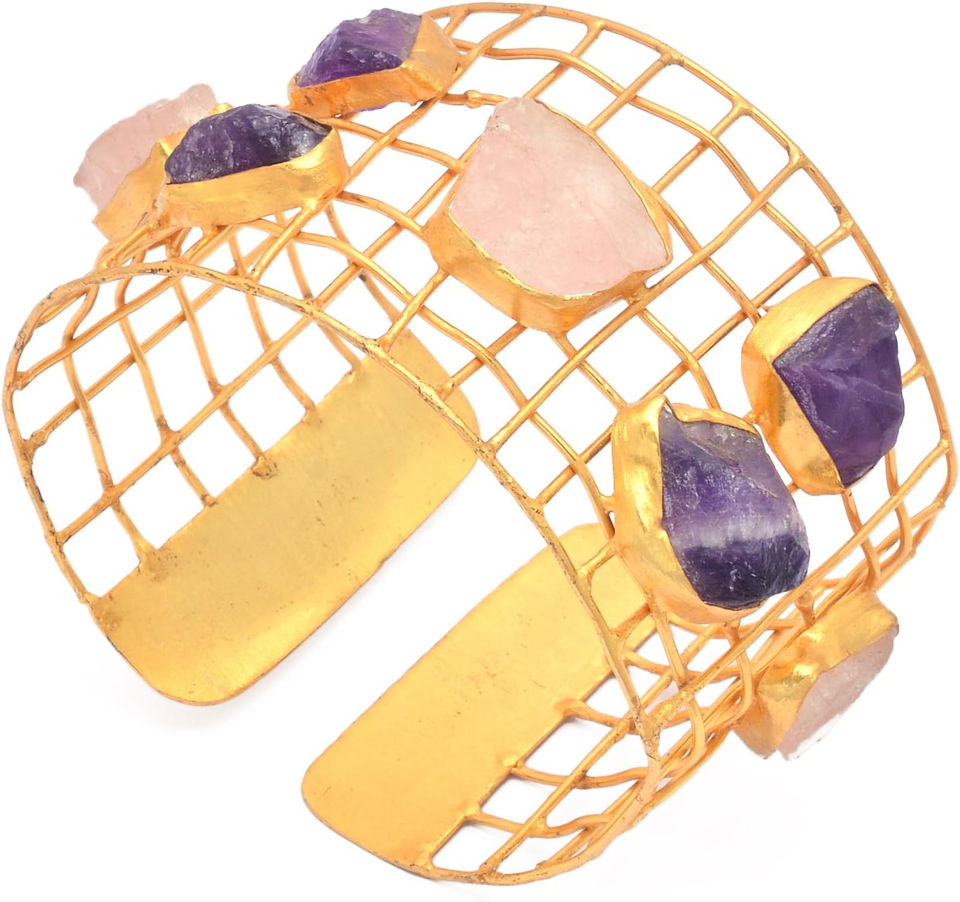 eurasia Handmade Amethyst Rose Quartz Rough Gemstone Gold Plated Cuff Bracelet