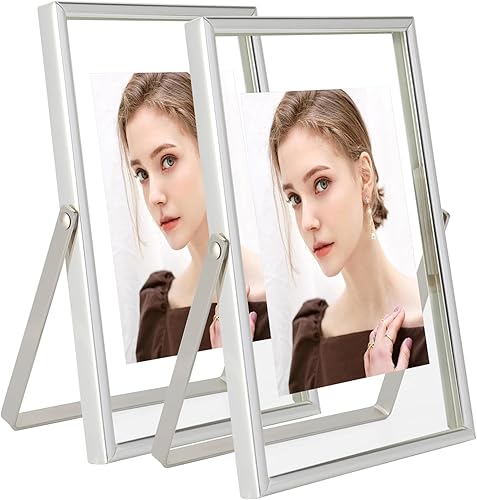 Marco flotante plateado (4 x 6 pulgadas, vertical), 2 juegos, para fotos de 3.5 x 5, 2 x 3, 1 x 2, mini marcos de fotos de escritorio, regalo