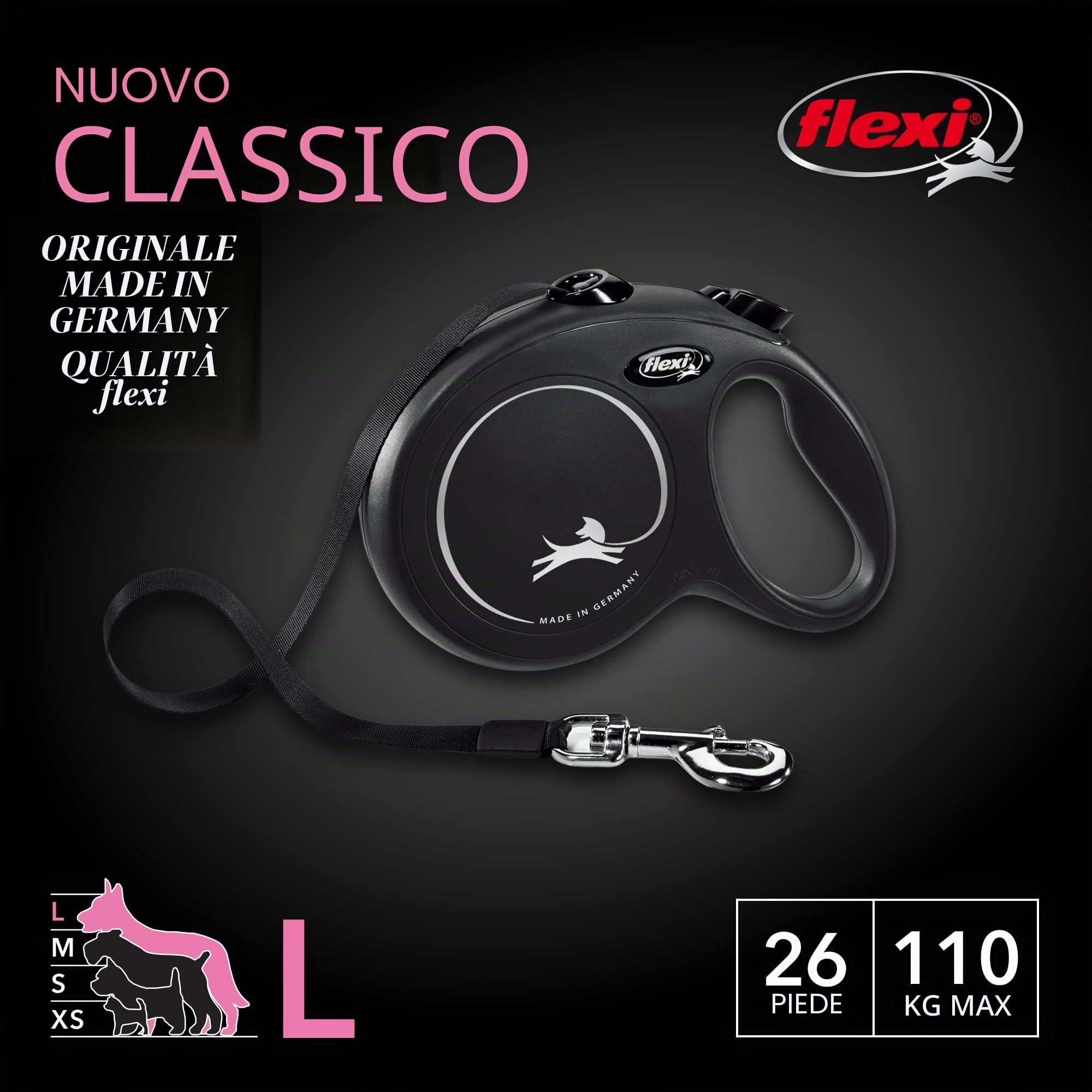 flexi Simplywht Classic Guinzaglio Retrattile per Cani, 7,9 m, Grande, Nero, Nylon, Large, 26 ft