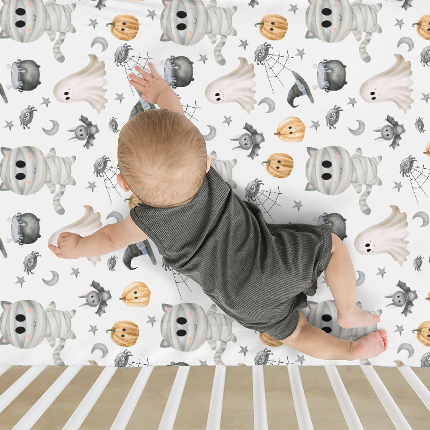 Pastel Halloween Cats Baby Crib Sheets for Boy Girl 52"x28" Pumpkin Witch Bats Moon Soft Snug Fitted Crib Mattress Cover Spooky Halloween Animals Bed Sheet for Standard Crib & Toddler Mattress