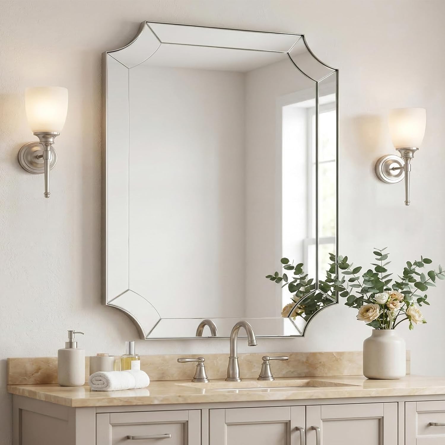 MOON MIRROR Brushed Nickel Mirror 30x40 Inch, Rectangle Bathroom Mirror for Wall, Large Scalloped Wall Mirror, Vintage Notched Edges Design Ideal for Entryway, Living Room & Bedroom Decor