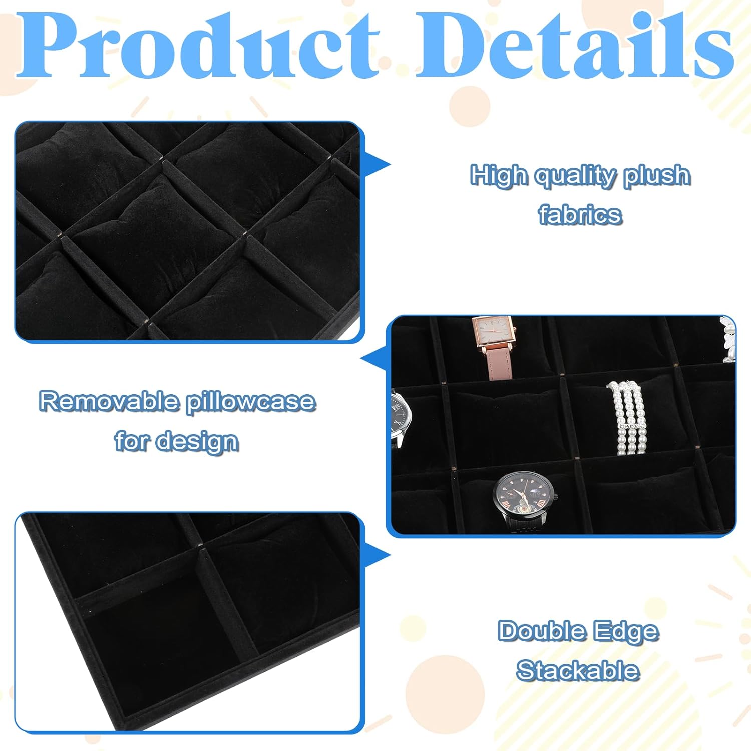 2 PCS Watch Tray, 12 Grid Watch Holder Organizer Tray for Men Stackable with Adjustable Bracelet Pillow, Boxwood Jewelry Trays, Bracelet and Watches Display for Selling, Women and Men -Black
