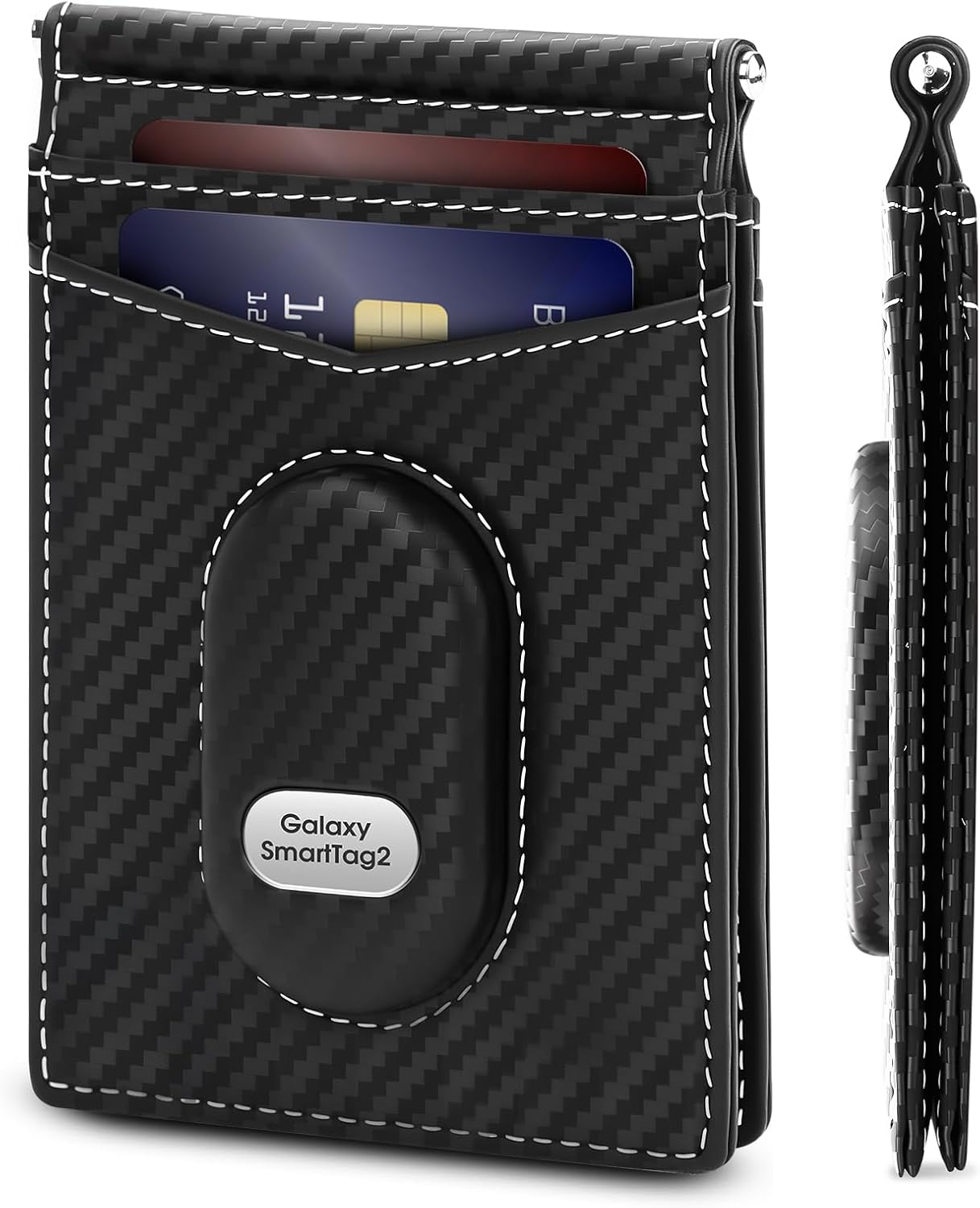 GAOCHALE Slim Bifold Wallet for Samsung Smarttag2 Genuine Leather Minimalist Wallet Compatible with Samsung Tag RFID Blocking Card Holder with ID Windows | Money Clip(Carbon)