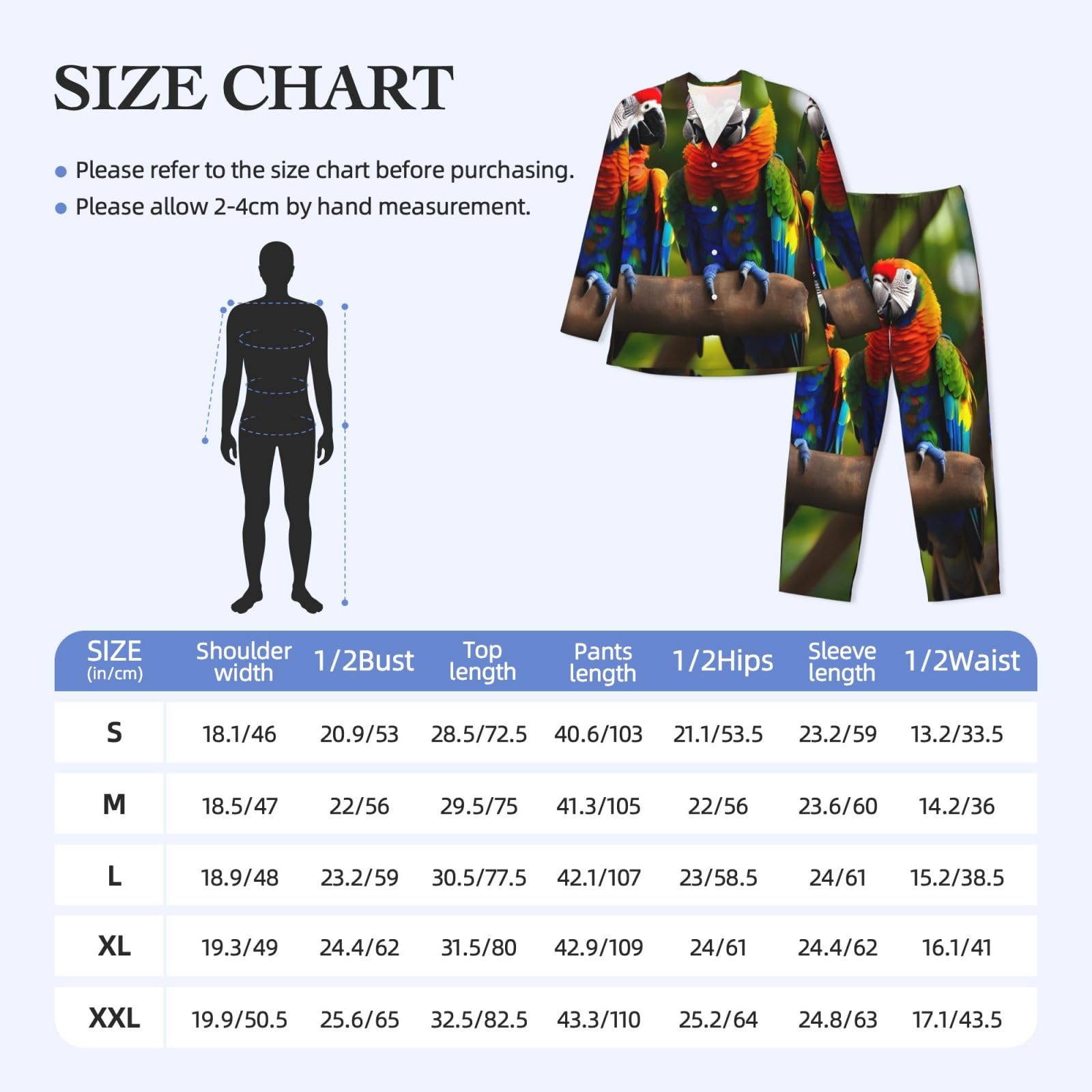 Herren-Pyjama-Set mit bunten Papageien auf Baum, langärmelig, zweiteilig, Hauskleidung, bequeme Nachtwäsche