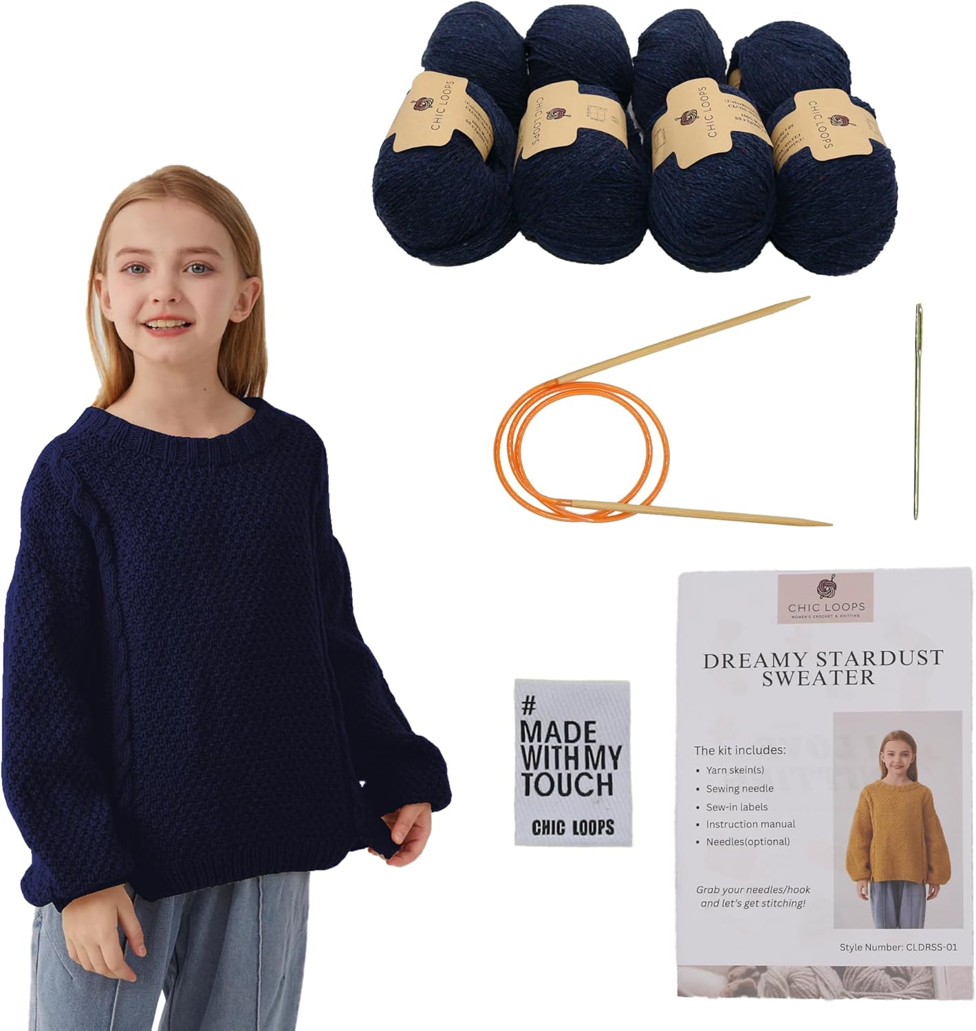 Chic Loops Knitting Kit for Beginners, Knitted Sweater Beginner Crochet Kit, Crochet Chunky Crew Neck Long Sleeve Pullover Sweater with Instruction(Navy Blue,6-8Y)