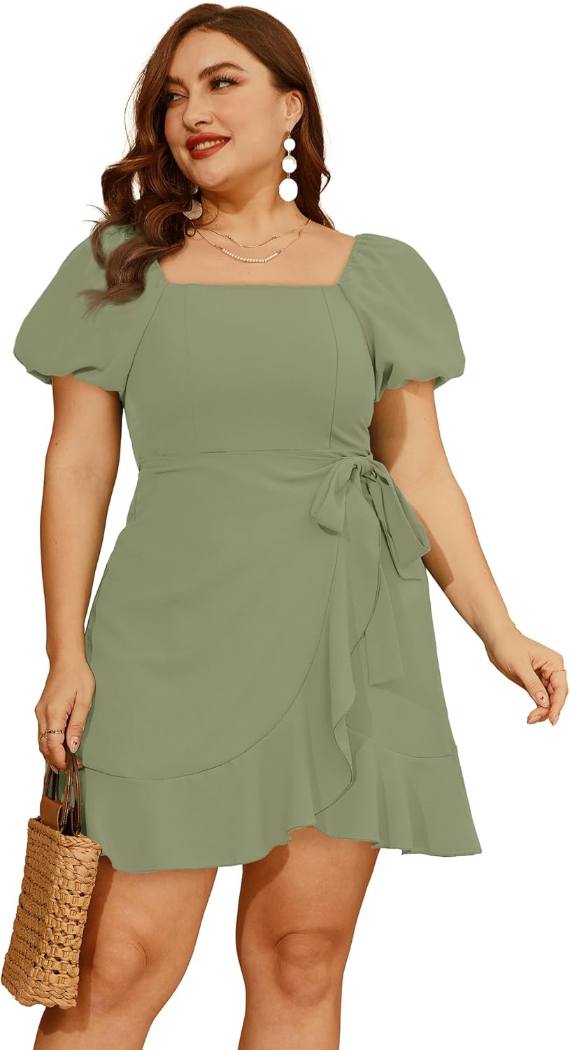 SAMPEEL Womens Summer Dresses Square Neck Puff Sleeve Tie Waist Short Dress