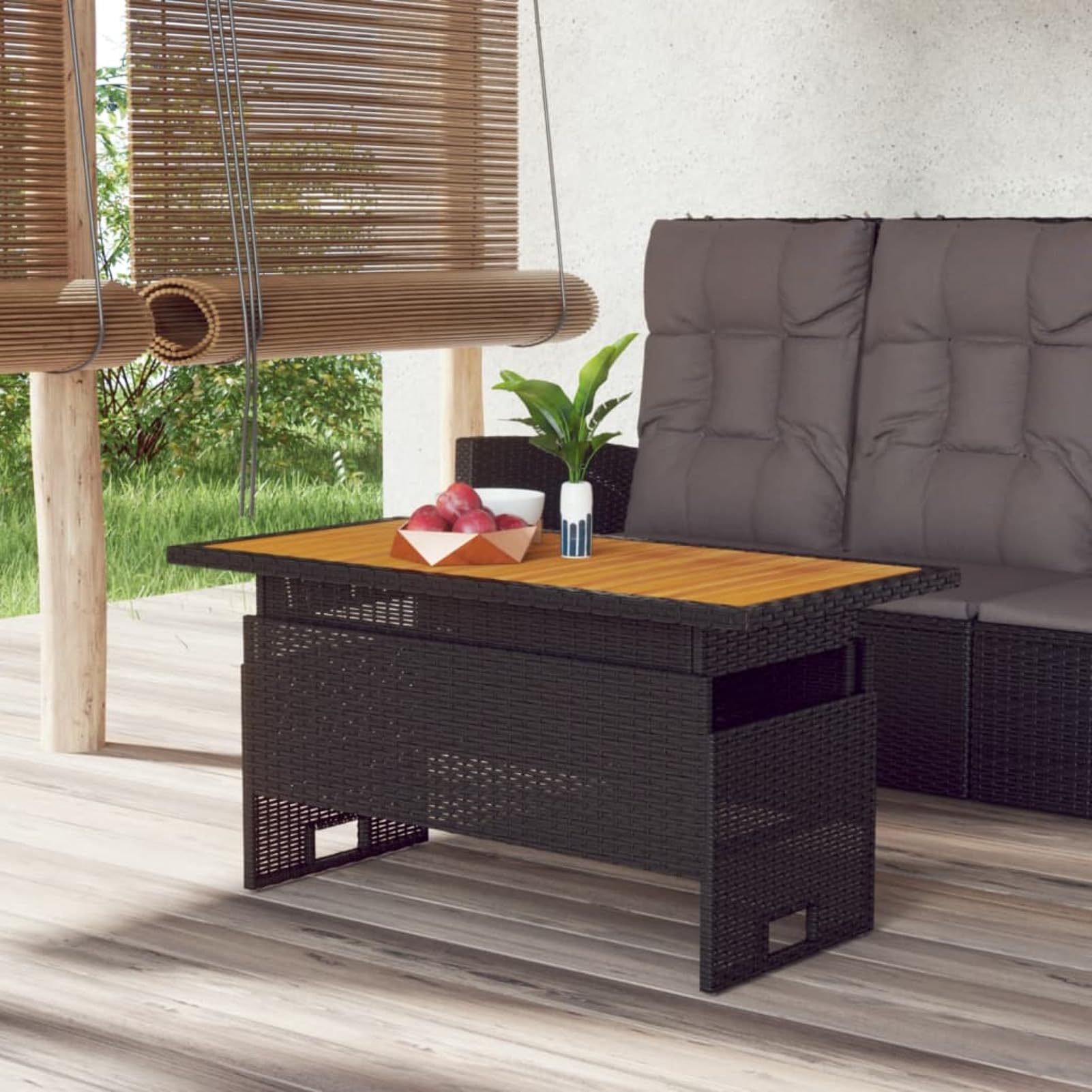 Homgoday Gartentisch Höhenverstellbar Terrassentisch Balkontisch Gartenmöbel Tisch Loungetisch Garten Esstisch mit Holztischplatte Schwarz 100x50x43/63 cm Akazienholz & Poly Rattan Garten