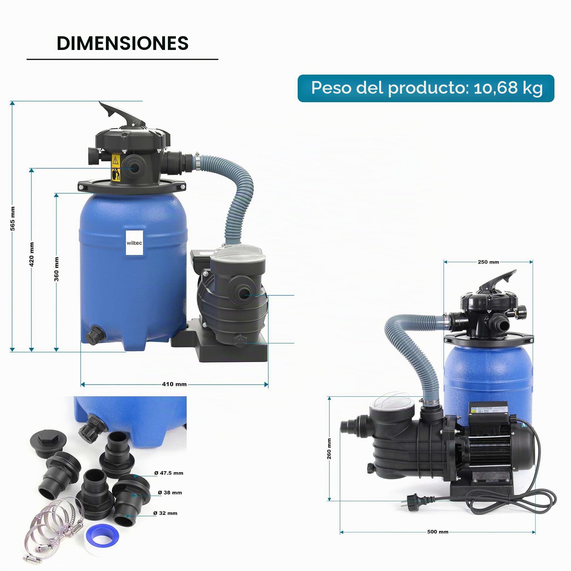 WilTec Sistema de Filtro de Arena 250W Tanque de filtrado 14l y Bomba autocebante 10000L/h Piscina