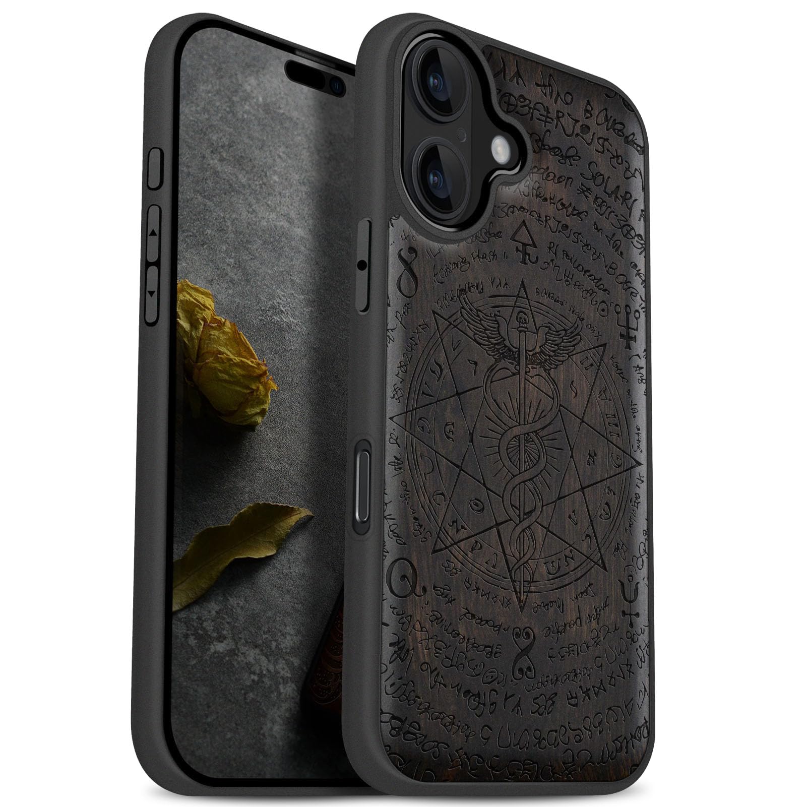 Coque iPhone 17 Magsafe en bois sombre sculpté Caducée chic - 8