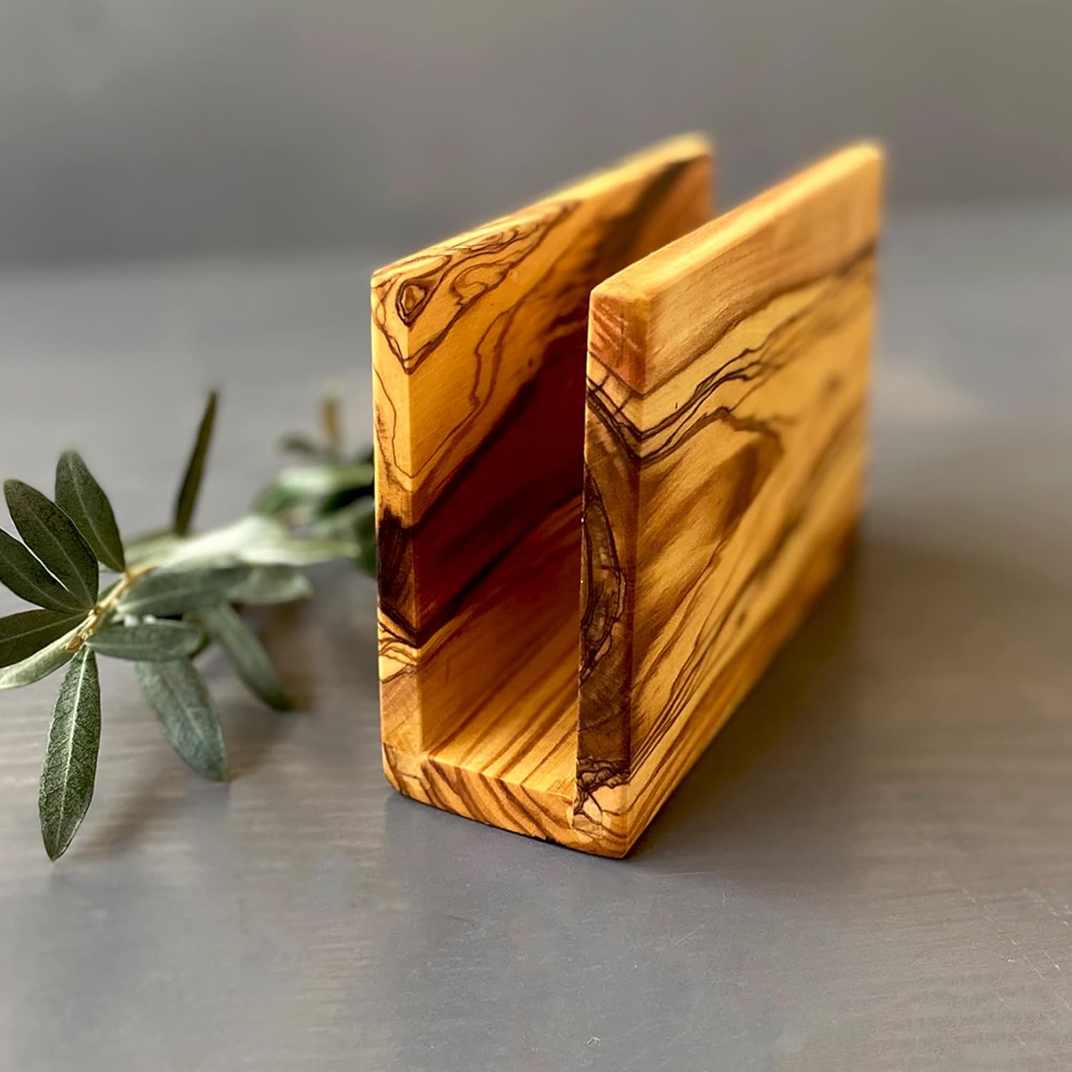 CRYSTALIA Wooden Napkin Holder for Table, Olive Wood Napkin Holder for Kitchen Dining Table & Cocktail, Decorative Tissue Dispenser for Home Picnic Indoor Outdoor, Rustic Design (Rectangular)