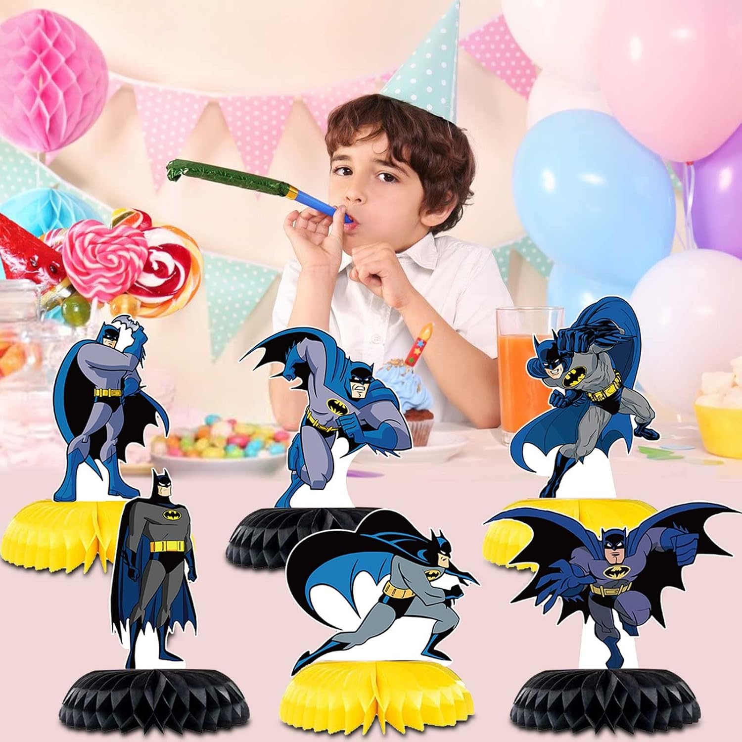 Bat-Man Birthday Party Supplies - 6pc Bat Hero Theme Table Centerpieces, Double Side Honeycomb Table Decorations, Cake Toppers, Photo Booth Props, for Boys and Girls Party