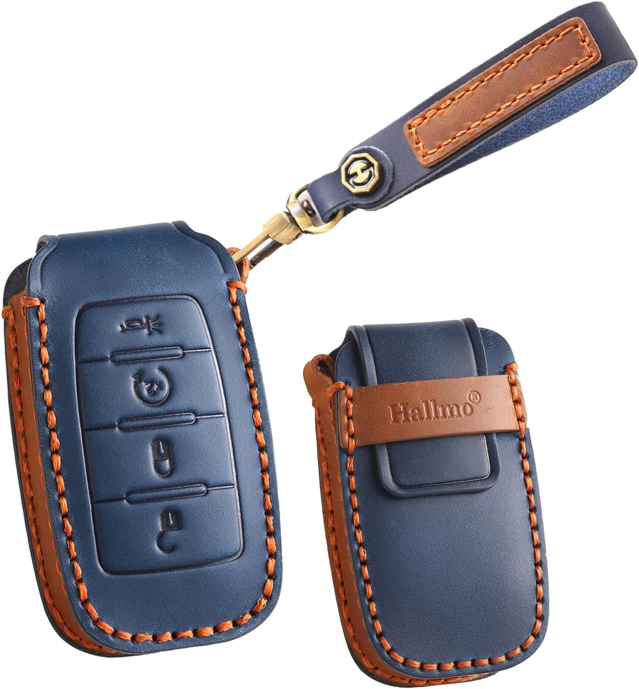 SANRILY Customized Text Holder Keychain Handmade Leather 4 Button Key Fob Cover Compatible with Dodge RAM 1500 2500 3500 4500 5500 2019-2022 Keyless Key Case Blue