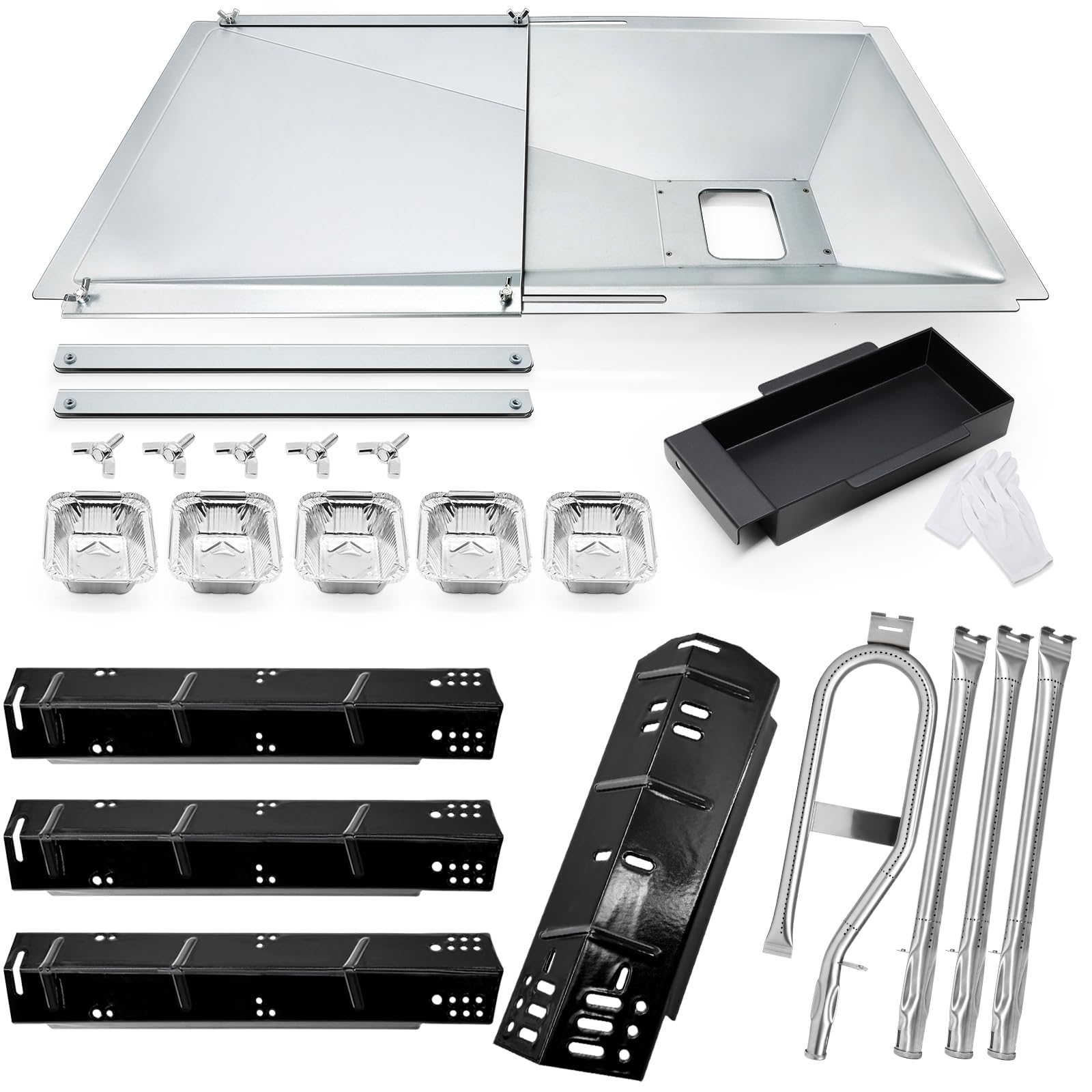 hiorucet grill replacement parts for dyna glo dgh450crp gas grill, dgh450crp drip pan, heat plates, burner tubes for dgh450crp grill replacement parts, 23.6" - 31.6" grease tray with catch pan
