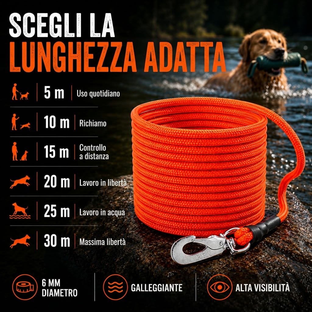 Guinzaglio galleggiante per cani, senza cinturino da polso, 10 m, arancione brillante, robusto guinzaglio da campo con moschettone girevole, carico di trazione 230 kg, guinzaglio da addestramento per