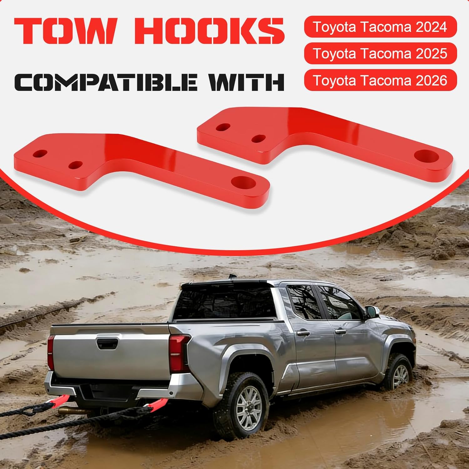 Rear Tow Hooks Recovery Points Compatible with Toyota Tacoma 2024-2025 Accessories, 2 PCS Steel Tow Hooks Left and Right Sides - Red