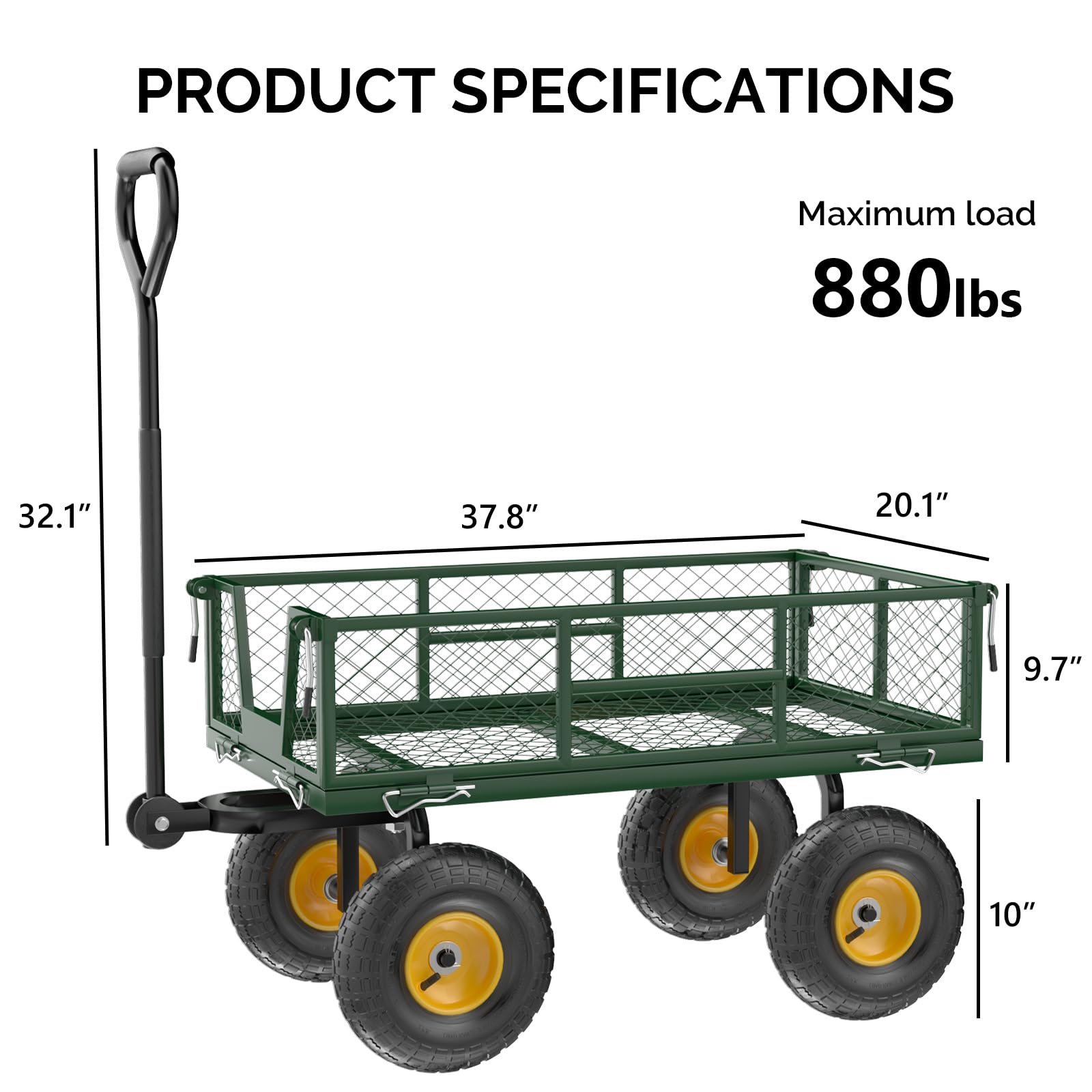 Bonnlo Gartenwagen, Bollerwagen Metall mit 180° drehbarem Griff und abnehmbarem Eisennetz, 363 kg Schwerlast-Nutzwagen, Kippwagen für Garten, Rasen und Landschaftsbau (Grün, 95,5 x 51 x 90 cm)
