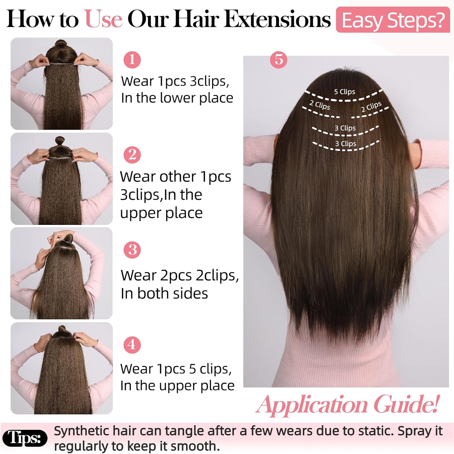 Dark Brown Clip in Hair Extensions 26 Inch Invisible Long Synthetic Extension 5PCS Straight Fake Heat Resistant Clips on Hairpieces for Women Girls Weddings Party Daily Use Full Head 8.1 Oz