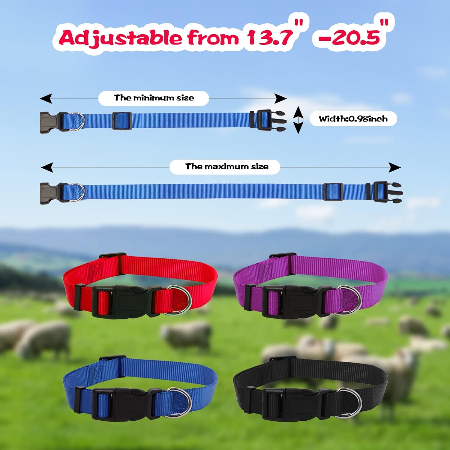 4 Pack Goat Collars with Bell Adjustable Nylon Collar and Grazing Copper Bells Set Farm Animal Anti-Lost with Loud Bronze Bells for Goat Sheep Horse Cow