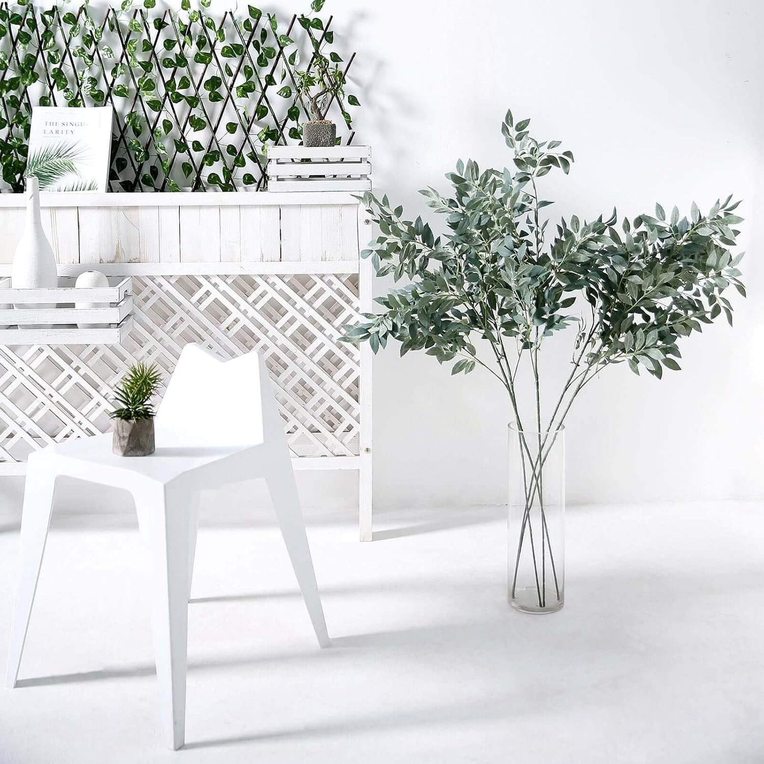 Efavormart 2 Stems 42 inch Frosted Dark Green Honey Locust Artificial Greenery Sprays - High-End Faux Leaf Branches for Floor Vase, Editorial Event Backdrops and Modern Interior Styling