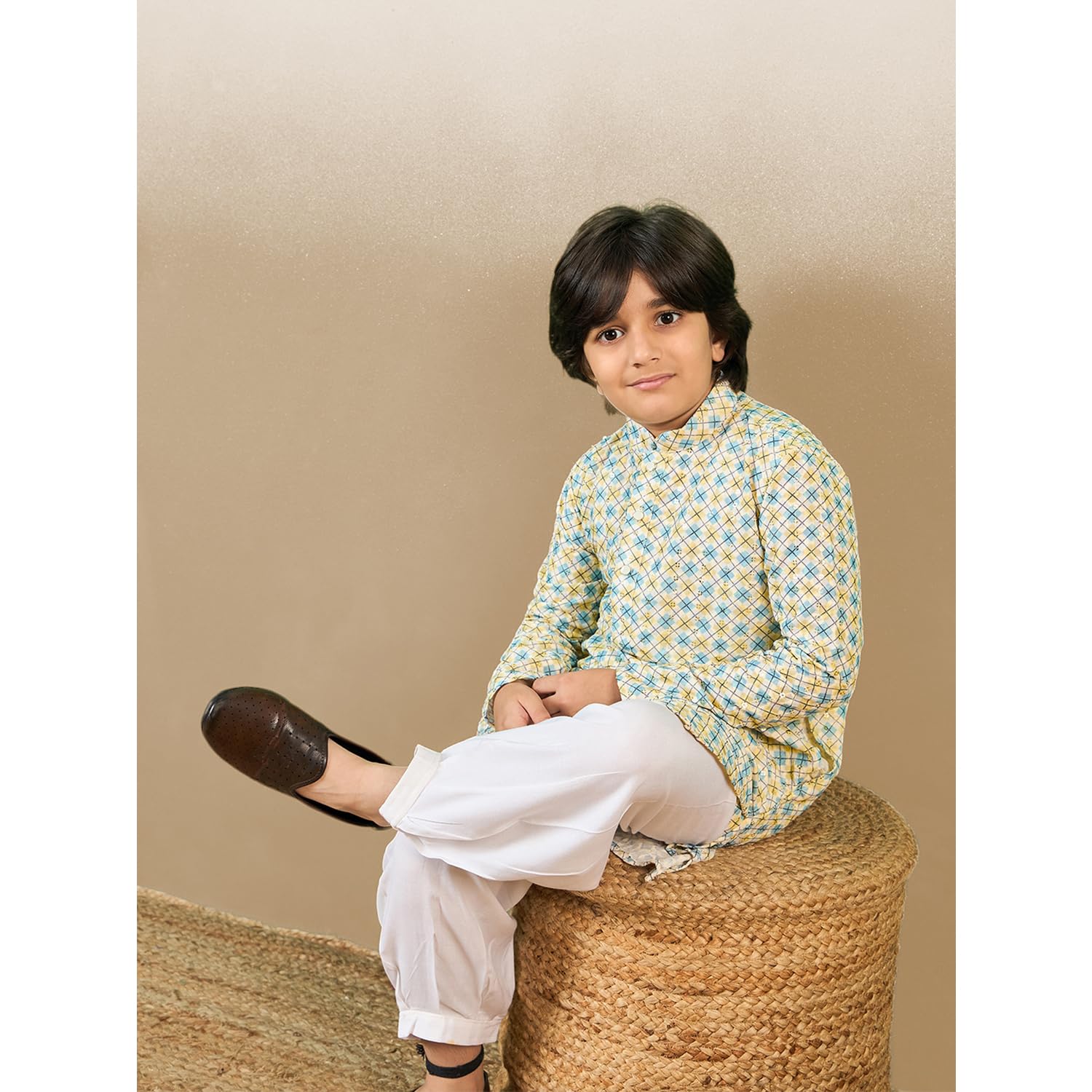 Sanwara Printed Light Yellow Kurta Set with Sequins for Boys (26) 3