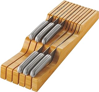 In-Drawer Knife Block Organizer - Bamboo Wood Drawer Knife Organizer - Holds 5 Long + 6 Short Knives (Not Included) - Store Knives with Blades Pointing Down