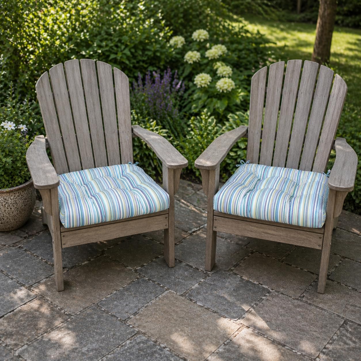 FUNHOME Tufted Patio Chair Cushions Set of 2,Rounded Back 19 x19x5 Inch,Water Resitant Outdoor Seat Cushion with Ties,Fade Resistant Wicker Chair Cushion for Garden Furniture(Blue Stripe)