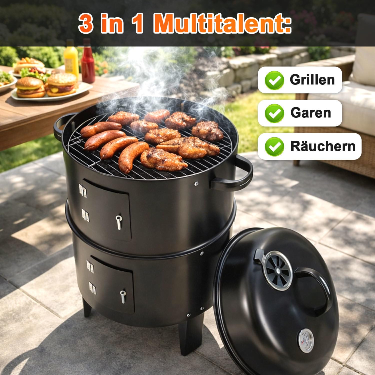 3 in 1 Räucherofen Smoker Grill mit Thermometer, Holzkohle Räuchertonne mit 2 Türen, 2 Ebenen & regulierbarer Lüftungsklappe, kompakter BBQ Holzkohlegrill für Garten, Balkon & Camping