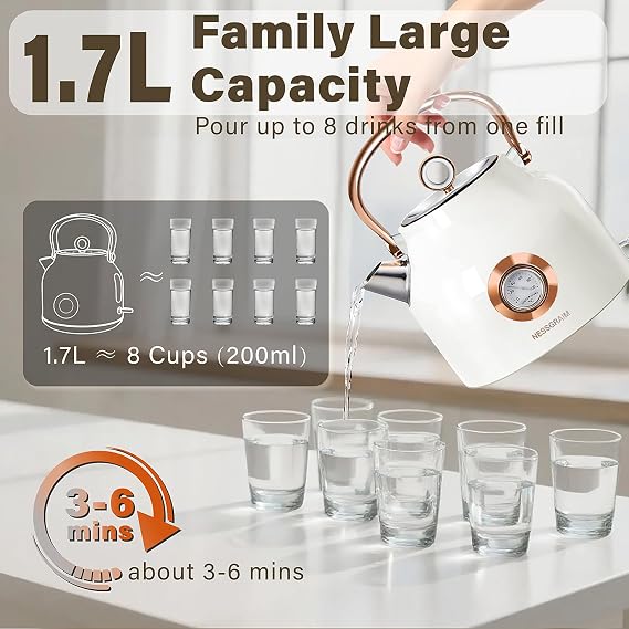 Retro Electric Kettle, 1.7L Stainless Steel Tea Kettle with Large Temperature Gauge, 2200W Fast Heating Hot Water Boiler with LED Indicator, Auto Shut-off & Boil-Dry Protection-Retro (white)