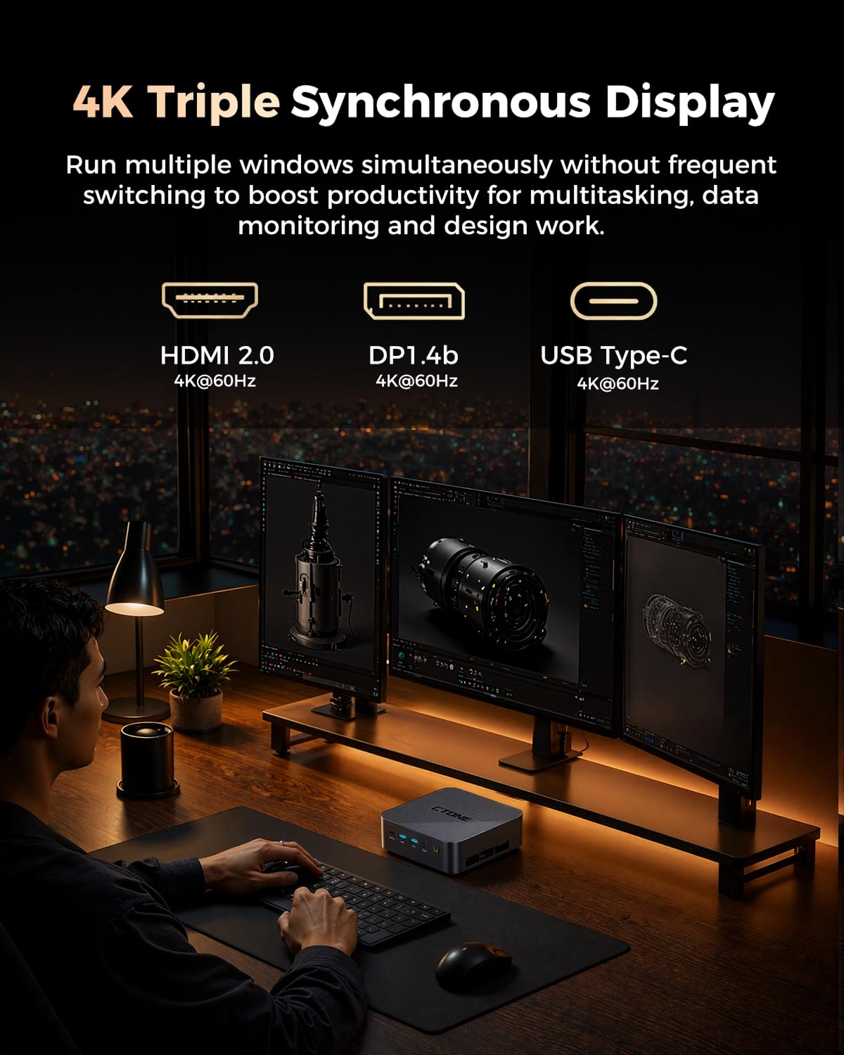 CTONE Mini PC i5-12450H, 24GB RAM, 512GB SSD, Triple 4K Display | KI-Office leicht gemacht – 8 Kerne, bis 4,4 GHz und 24 GB LPDDR5 für KI-Tools, Automatisierung und flüssiges Multitasking.