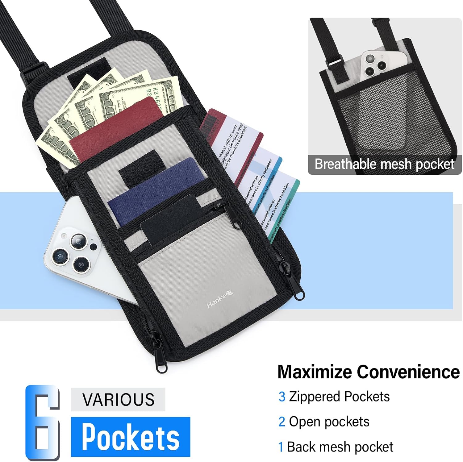 Hanke Passport Holder, Travel Wallet for Womens and Men, Neck Wallet Hidden Passport Pouch for Travel Adjustable Lightweight Thin with 6 compartments (Light Grey) - Image 3