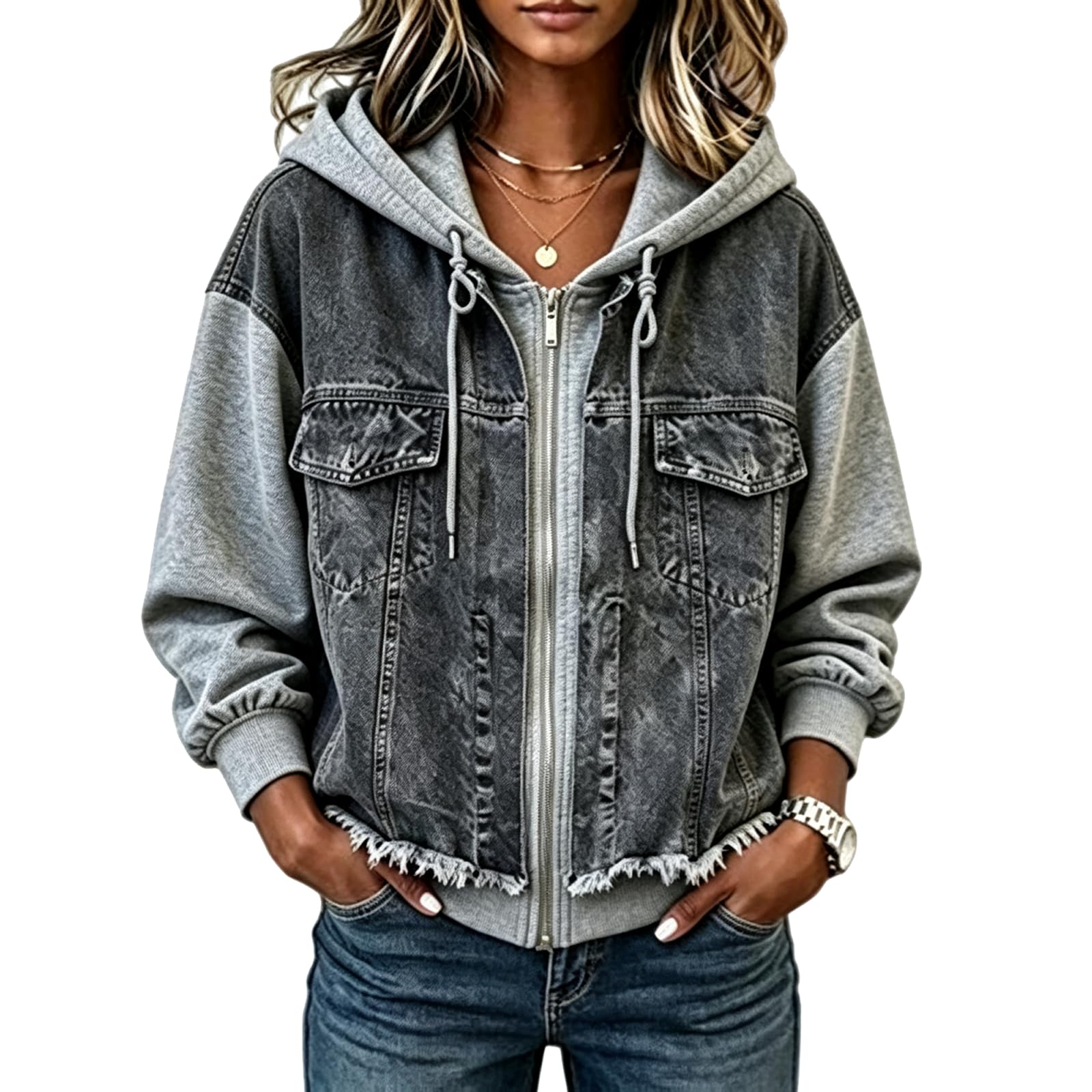 Giacca da donna in denim con cappuccio patchwork felpa con zip corta