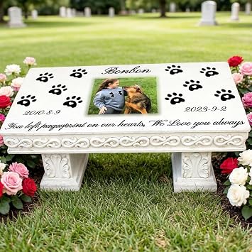 Personalized Bench Pet Memorial Garden Stone Plaque with Colorful Photo, Dog Grave Marker Dog Tombstone Cat Headstone for Graves Loss of Pet Gift Cemetery Garden Plaque