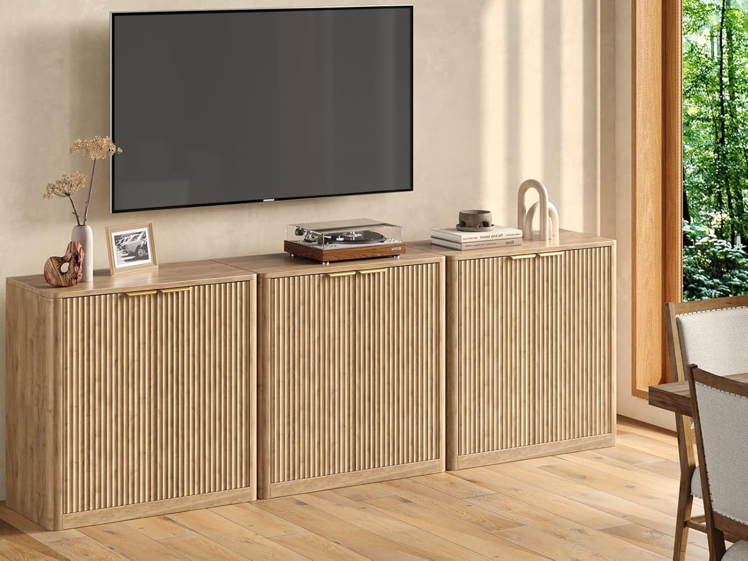 Evermagin 94.5" Oak Buffet Cabinet with Storage, Large Sideboard Cabinet, Boho Accent Credenza, Fluted Console Table with Doors for Dining Room, Kitchen, and Living Room