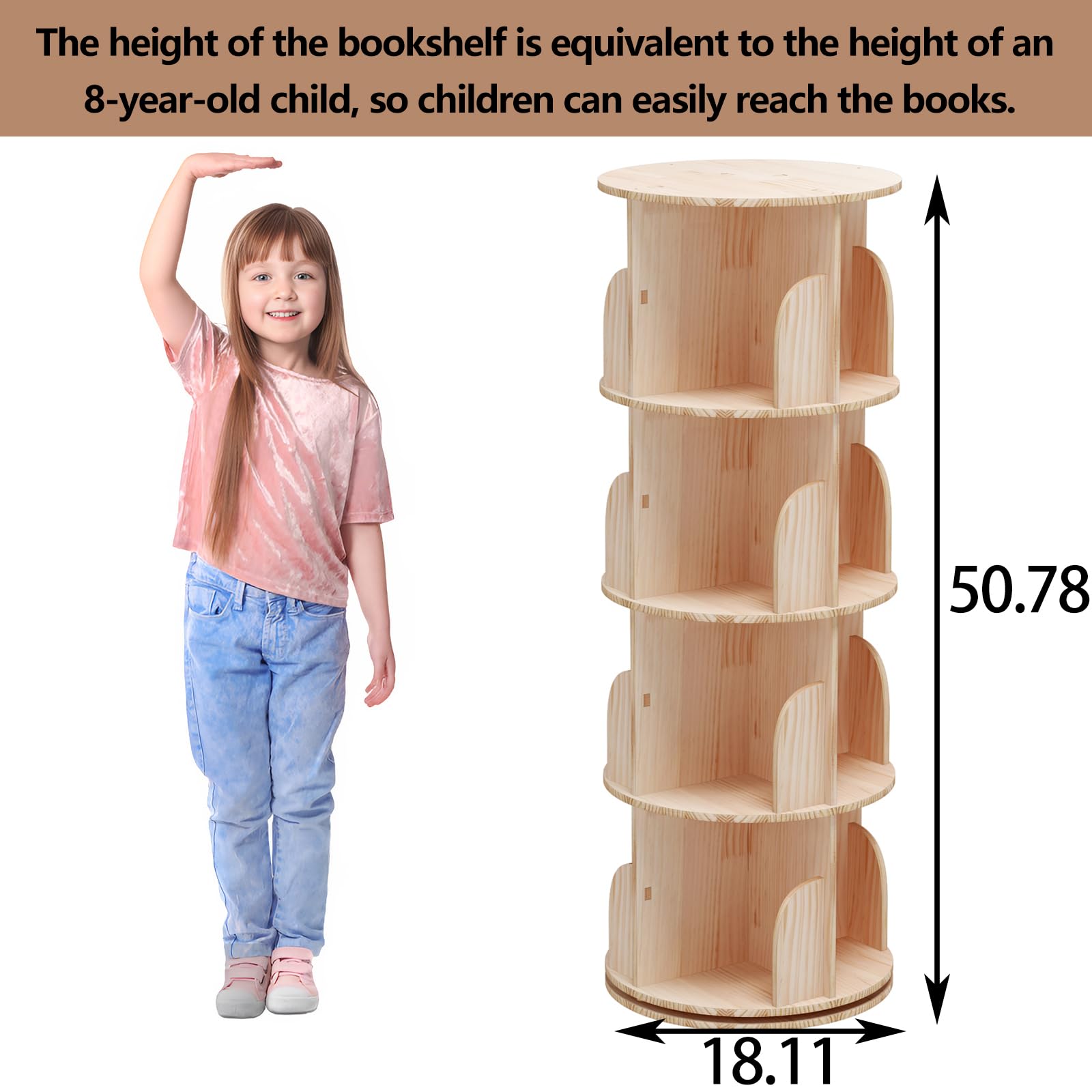 Lexza 4 Tier Rotating Bookshelf, 360 Display Spinning Bookshelf, Rotating Bookcase for Kids&Adults,Kids Bookshelf and Toy Storage,Wood Bookshelf(50" Hx18 Dx18 W)