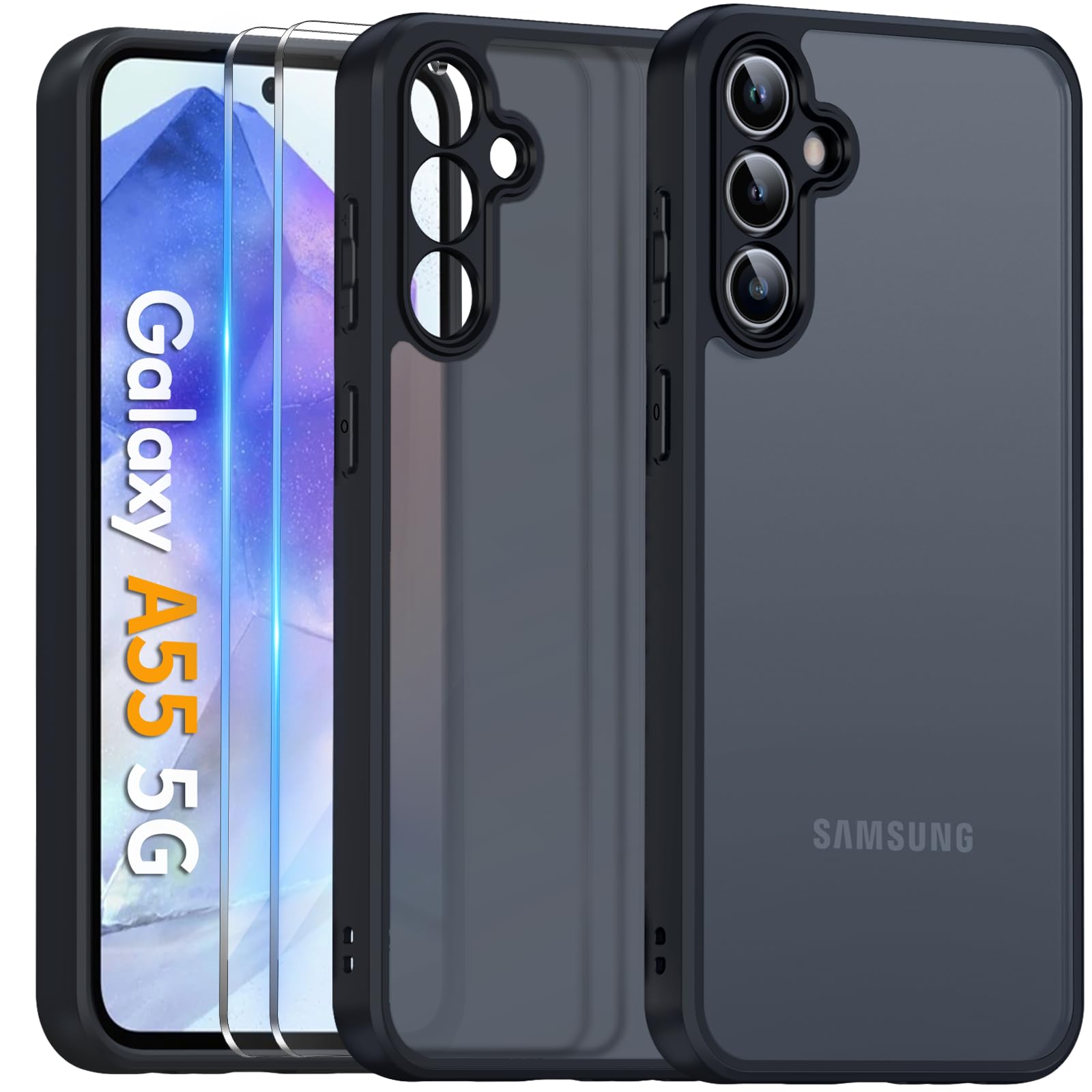 COPIKE Cover Opaca per Samsung Galaxy A55 5G e Protezione Fotocamera con 2 Pezzi Vetro Temperato, [Antiurto Grado Militare] Custodia Posteriore Glassata Traslucida Anti-Impronte, Nero
