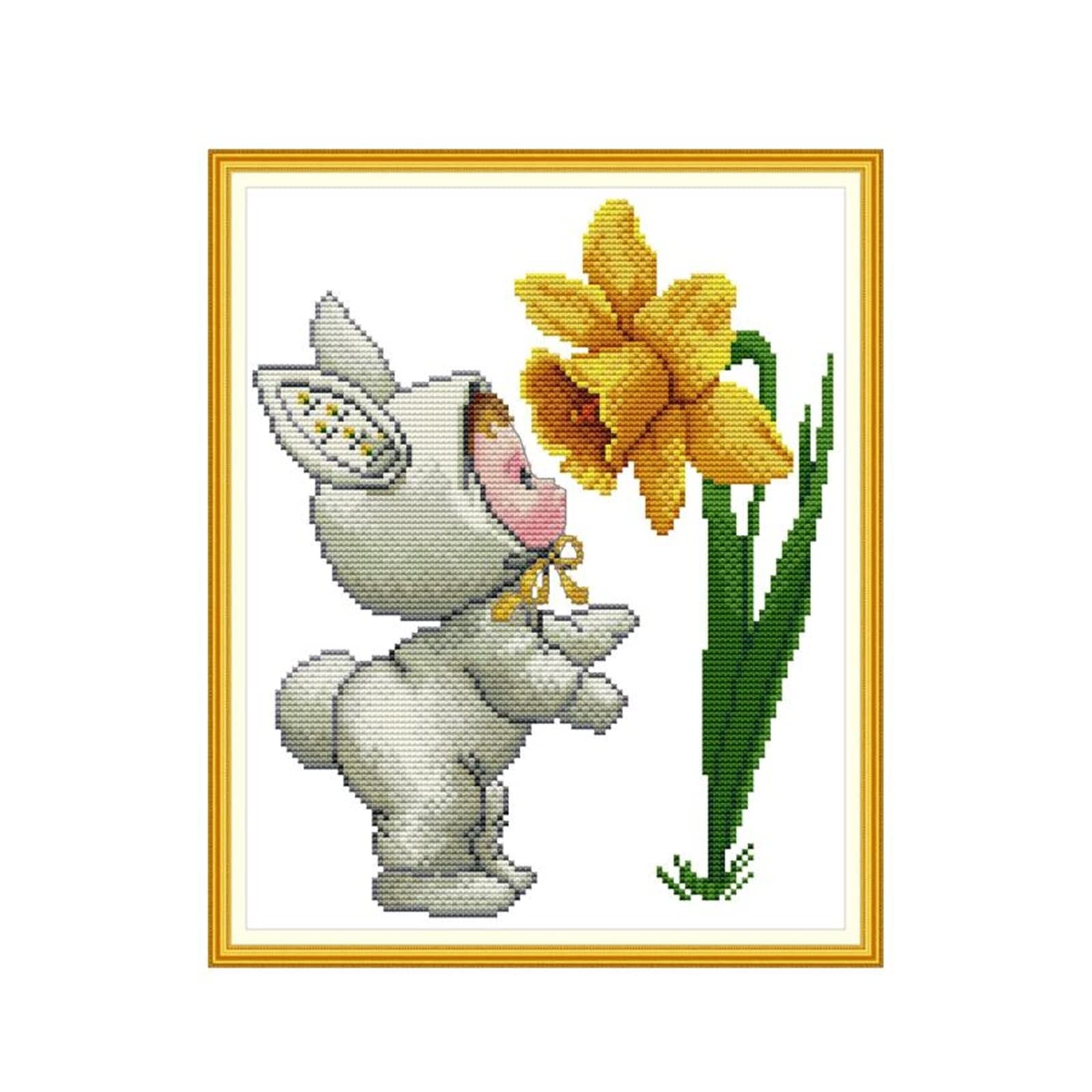 Kit point de croix lapin et narcisse 14ct toile vierge pour broderie