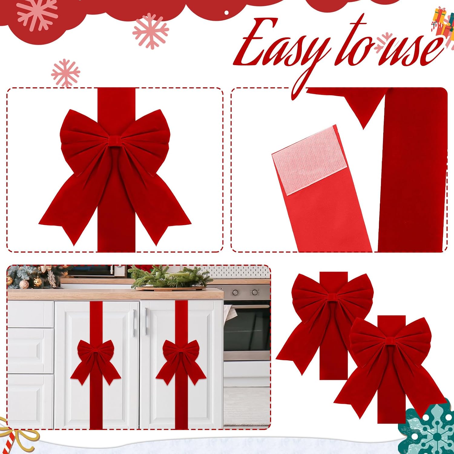 Syhood Velvet Christmas Cabinet Bows Ribbons, Red, 8 Pcs