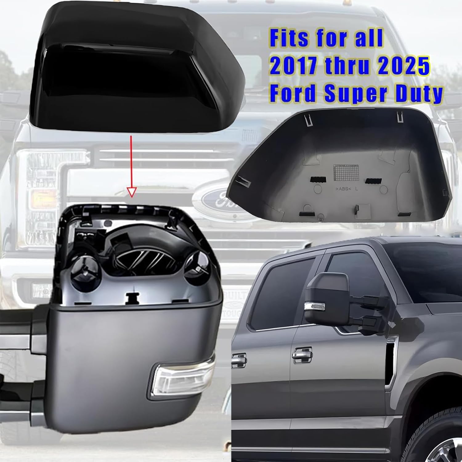 Exterior Door Top Half Tow Mirror Cap Cover for Ford Super Duty 2017-2025 F250 F350 2017-2022 F450 F550 Snap-on Towing Accessories (Ford SuperDuty Glossy Black)