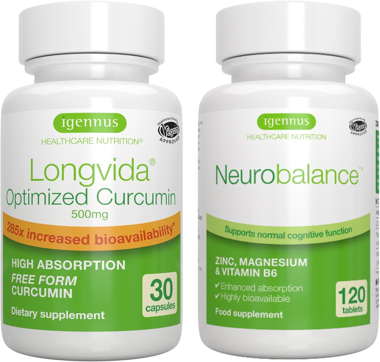 Longvida Curcumin 500mg + Neurobalance High Absorption Zinc Magnesium B6 Vegan Bundle, Ultra Bioavailable Curcumin with Chelated Zinc Picolinate 24mg, Oxide-Free Magnesium, by Igennus