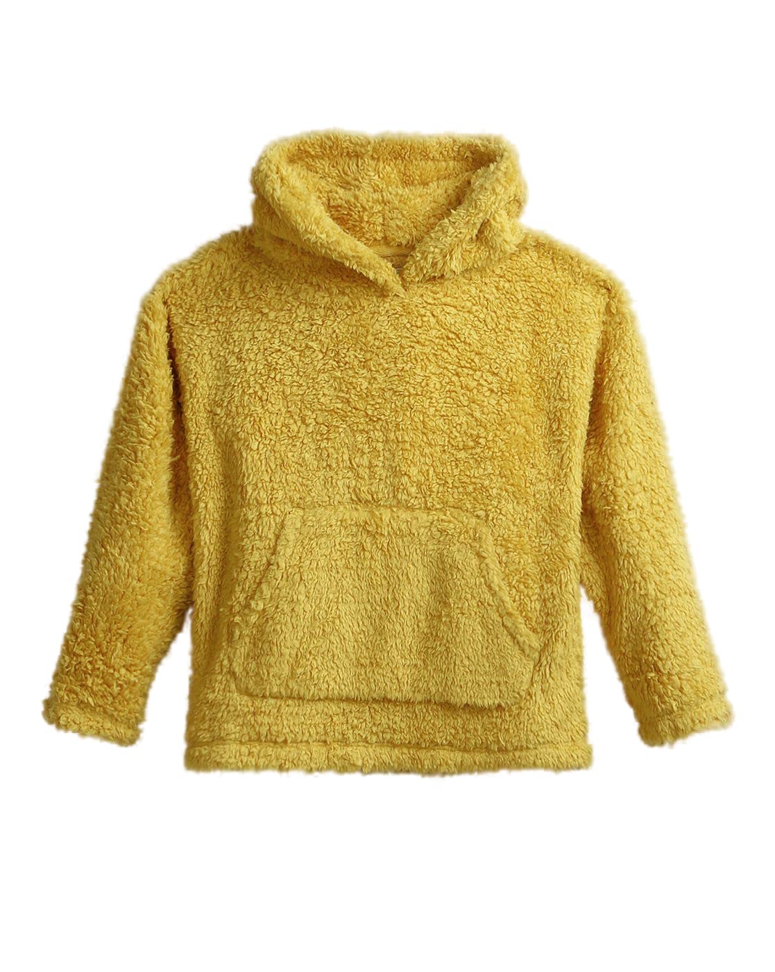 CHERRY CRUMBLEMustard Yellow Solid Sherpa Kangaroo Pocket Boys & Girls Casual Shaggy Winter Warm Pulllover Hooded Sweatshirt (7L-SWSHRT-7248)