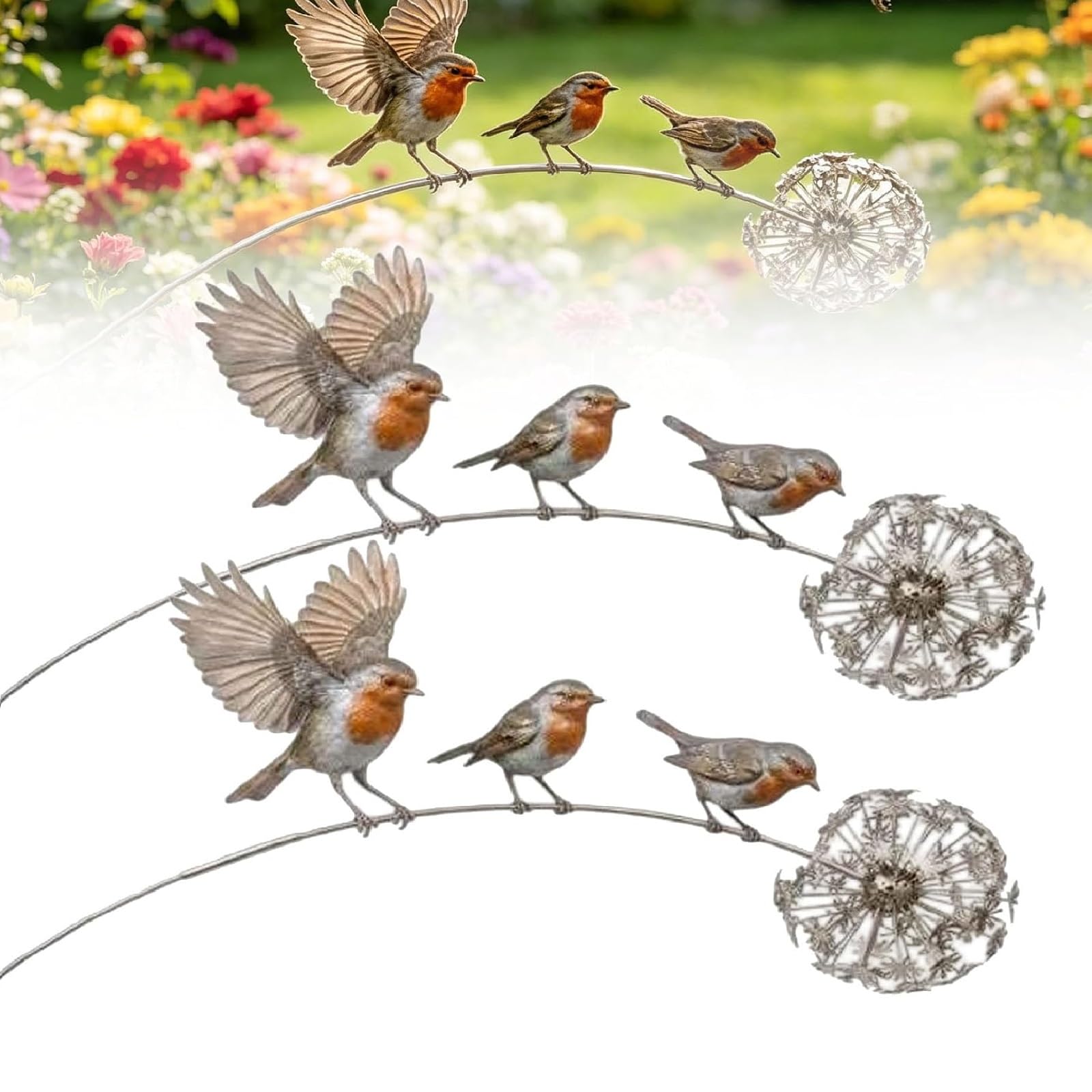 Robin Garden Stake, Rustic Robin Bird Yard Art Decorations with Dandelion Accent, Metal Robins Bird Garden Sculpture,for Lawn Patio Flower Bed and Backyard, Memorial