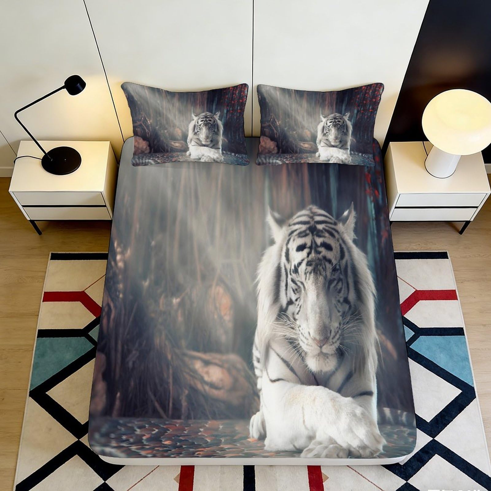Uynsixtme Style-2 3D Printed Tiger Pattern Fitted Sheet Microfiber Deep Pocket Non-Slip Bedroom Bedding Tiger Mattress Fitted Cover 90X200x25cm