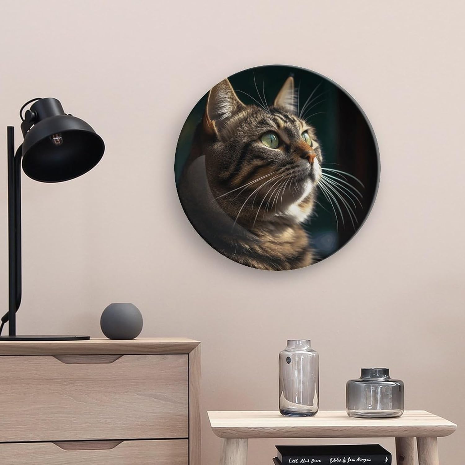 Tabby Cat Pictures Ceramic Plate 10inch Decorative Bone China Wall Hanging Ornament Plates Bohemian Style Dinner Plate with Display Stand Cabinet Display Plates for Home Art Decor