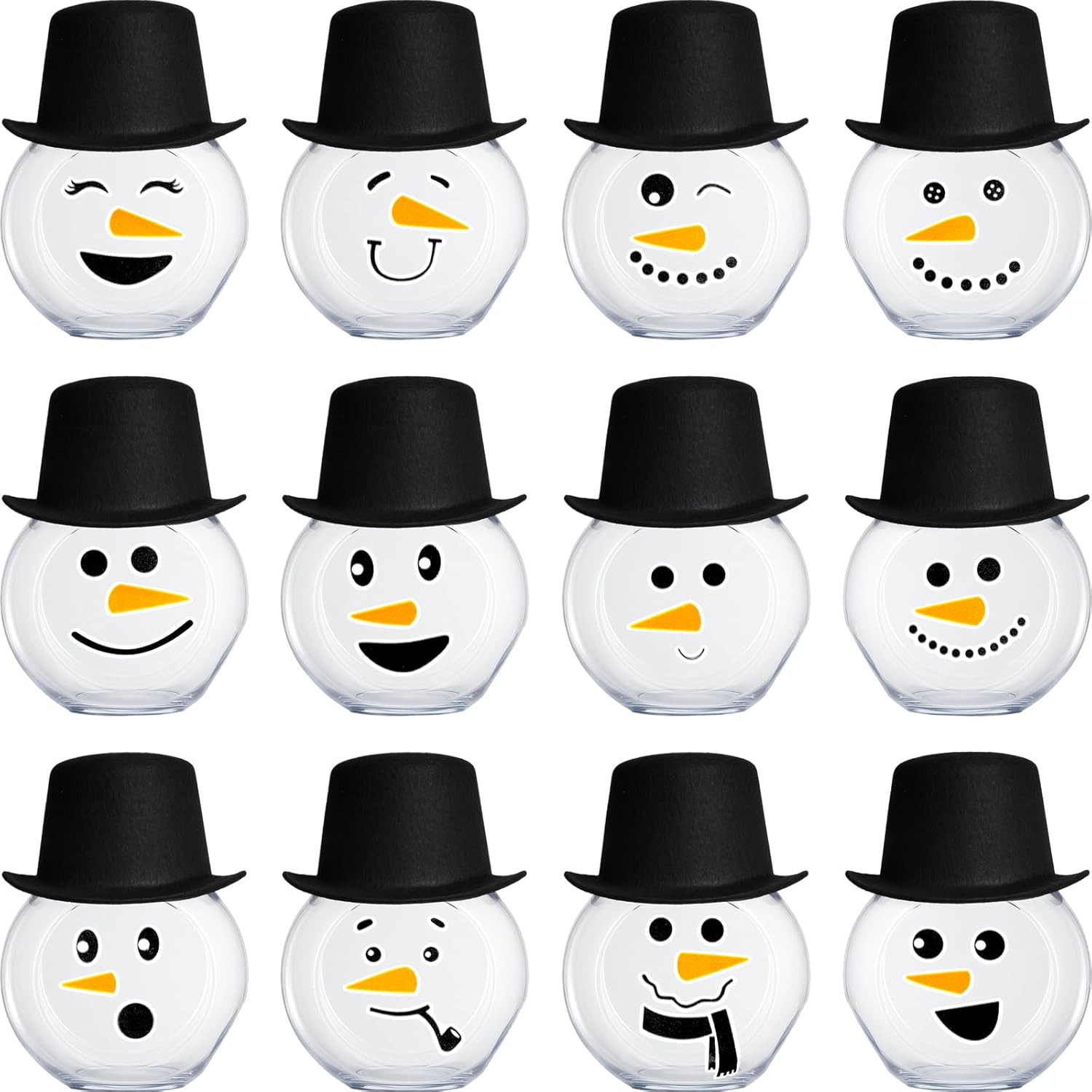 Rtteri 12 Sets Large Christmas Candy Jar with Lids 25oz Plastic Candy Jar Black Mini Felt Hat 16 Style Snowman Stickers DIY Snowman Cookies Snacks Pot Gift for Christmas Party Supplies